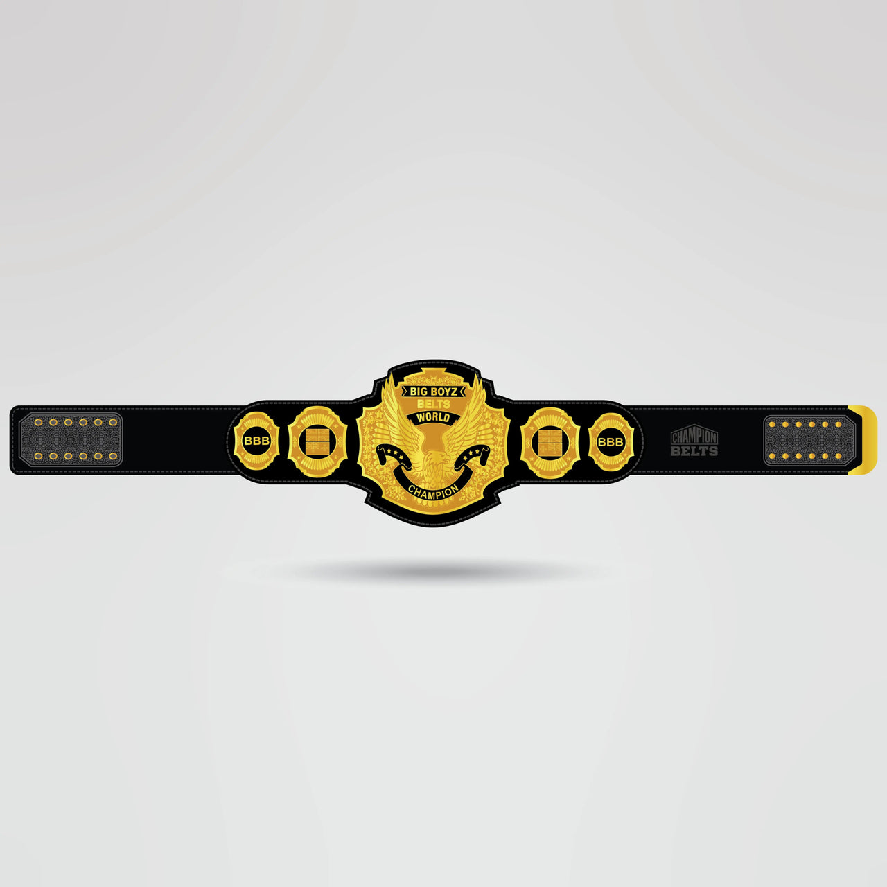Custom Big Boyz World Championship Belt - Championship BeltsWorld ChampionshipchampionbeltsshopChampionship BeltsStandard 2mm Thick PlatesCustom Big Boyz World Championship Belt with gold plates and BBB logo on black leather strap