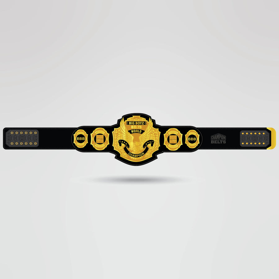 Custom Big Boyz World Championship Belt - Championship BeltsWorld ChampionshipchampionbeltsshopChampionship BeltsStandard 2mm Thick PlatesCustom Big Boyz World Championship Belt with gold plates and BBB logo on black leather strap