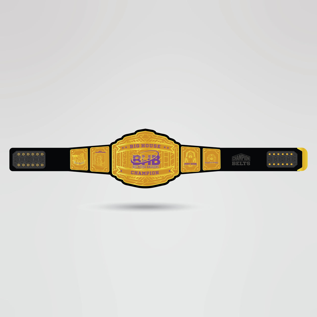 Custom Big House Baggers Championship Belt - Championship BeltsCustom Legend SerieschampionbeltsshopChampionship BeltsStandard 2mm Thick PlatesCustom Big House Baggers Championship Belt with gold center plate and black strap
