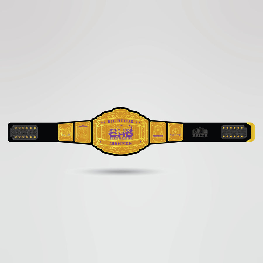 Custom Big House Baggers Championship Belt - Championship BeltsCustom Legend SerieschampionbeltsshopChampionship BeltsStandard 2mm Thick PlatesCustom Big House Baggers Championship Belt with gold center plate and black strap