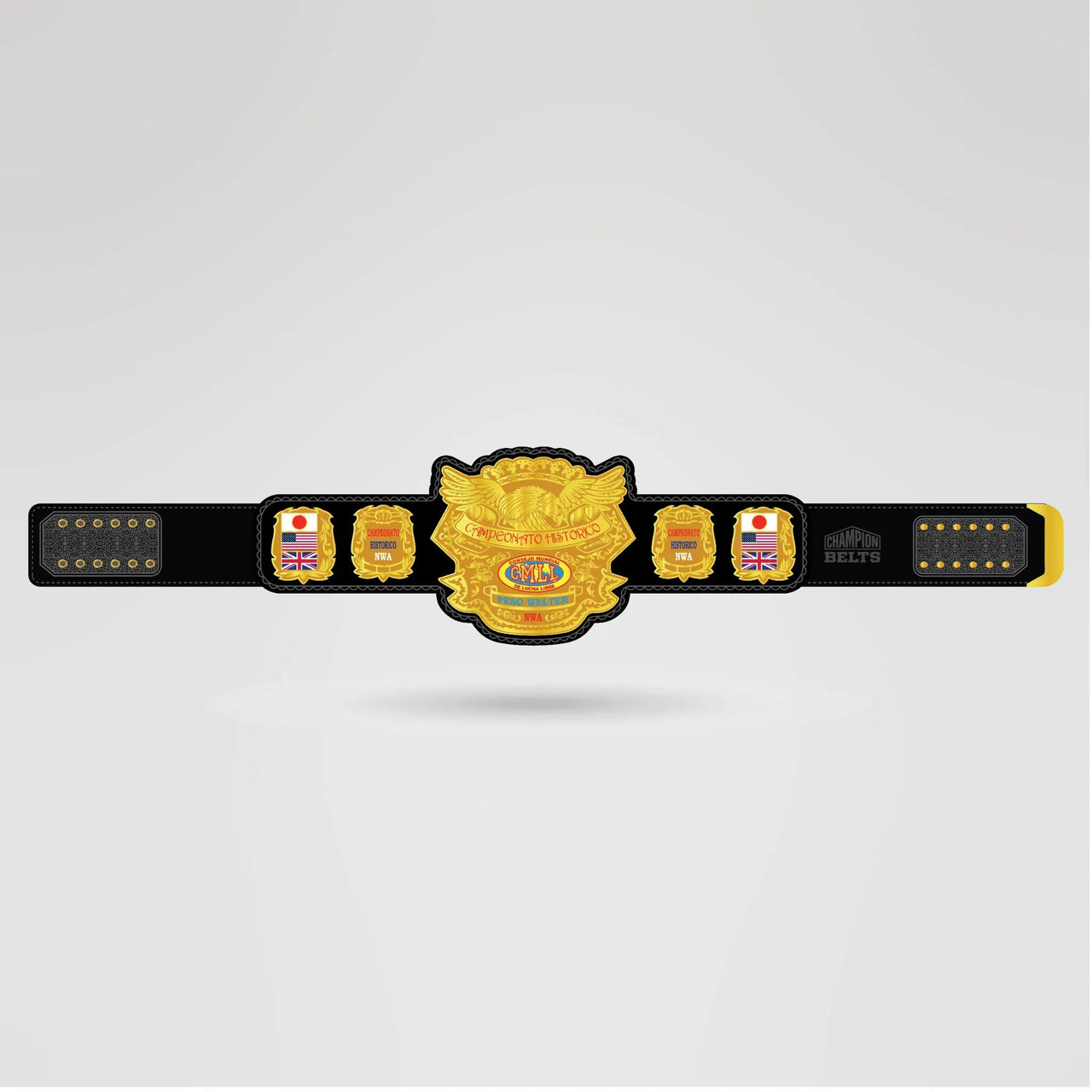 Custom Campeonato Histórico Champion Belt - Championship BeltsChampion BeltchampionbeltsshopChampionship BeltsStandard 2mm Thick PlatesCustom Campeonato Histórico Champion Belt with golden center plate and black strap