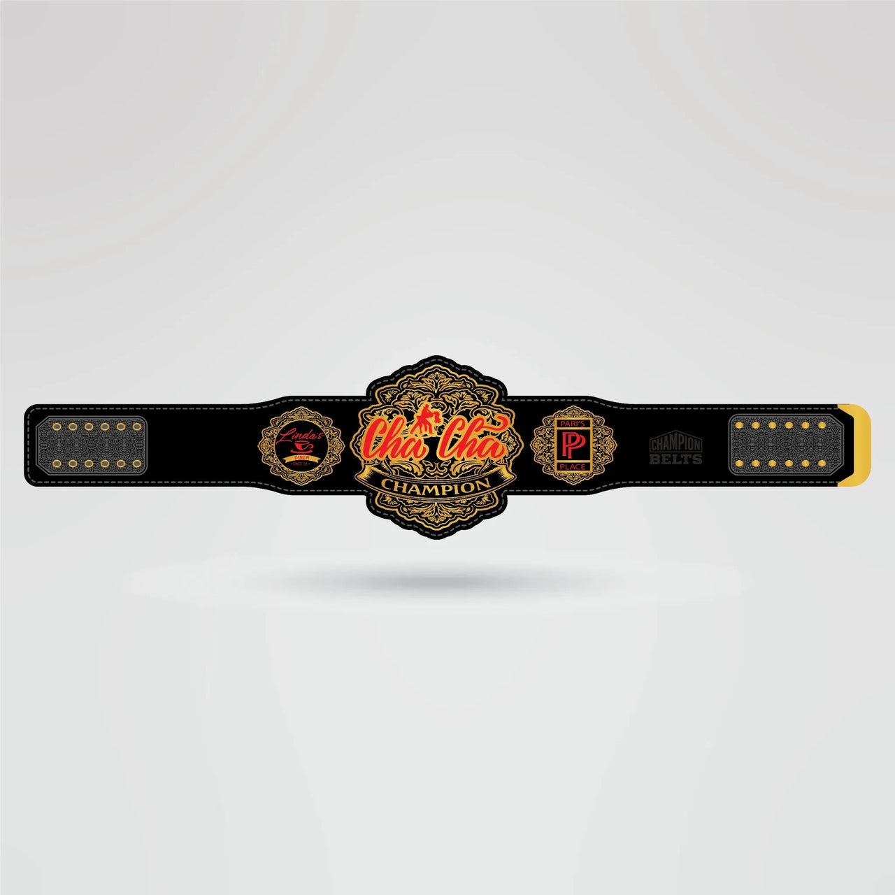 Custom Cha Cha Champion Belt – Fully Personalized - Championship BeltsCha ChachampionbeltsshopChampionship BeltsStandard 2mm Thick PlatesCustom Cha Cha Champion Belt with gold center plate and black strap