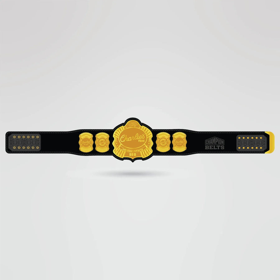Custom Charlie's Champion Belt - Championship BeltsCharlie'schampionbeltsshopChampionship BeltsStandard 2mm Thick PlatesCustom Charlie's Champion Belt with golden center plate and black strap
