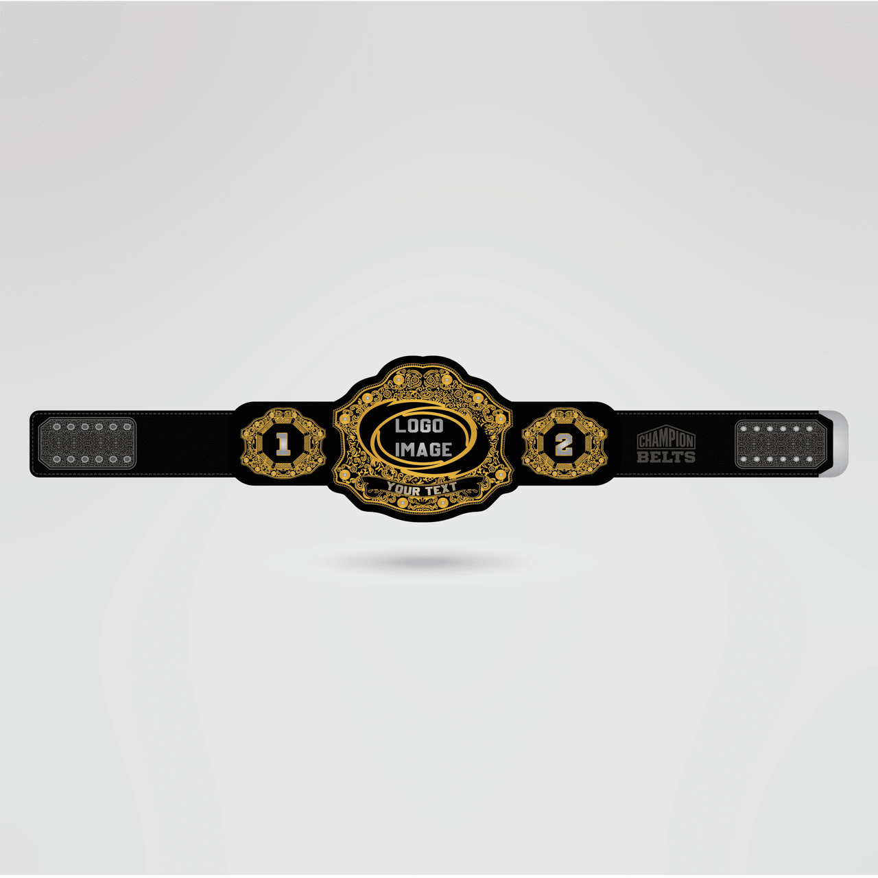 Custom Cornhole Champion Championship Belt - Championship BeltsCustom CornholechampionbeltsshopChampionship BeltsStandard 2mm Thick PlatesTemplate showing customizable areas of the Cornhole Champion championship belt.