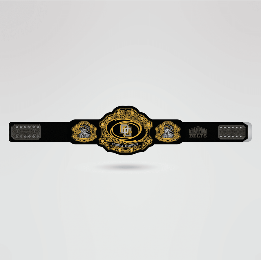Custom Cornhole Champion Championship Belt - Championship BeltsCustom CornholechampionbeltsshopChampionship BeltsStandard 2mm Thick PlatesReal - life image of the customizable Cornhole Champion belt with a gold finish.