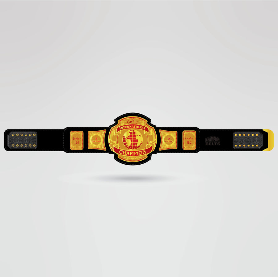Custom CPW International Champion Belt - Championship BeltsCPWchampionbeltsshopChampionship BeltsStandard 2mm Thick PlatesCustom CPW International Champion Belt with golden globe design and black strap