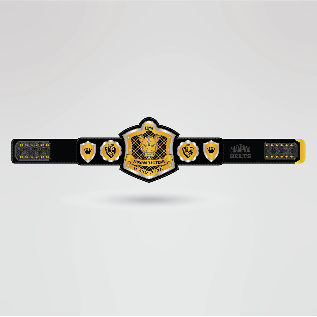 Custom CPW Lioness Tag Team Champion Belt - Championship BeltsTag TeamchampionbeltsshopChampionship BeltsStandard 2mm Thick PlatesCustom CPW Lioness Tag Team Champion Belt with golden center plate and black strap