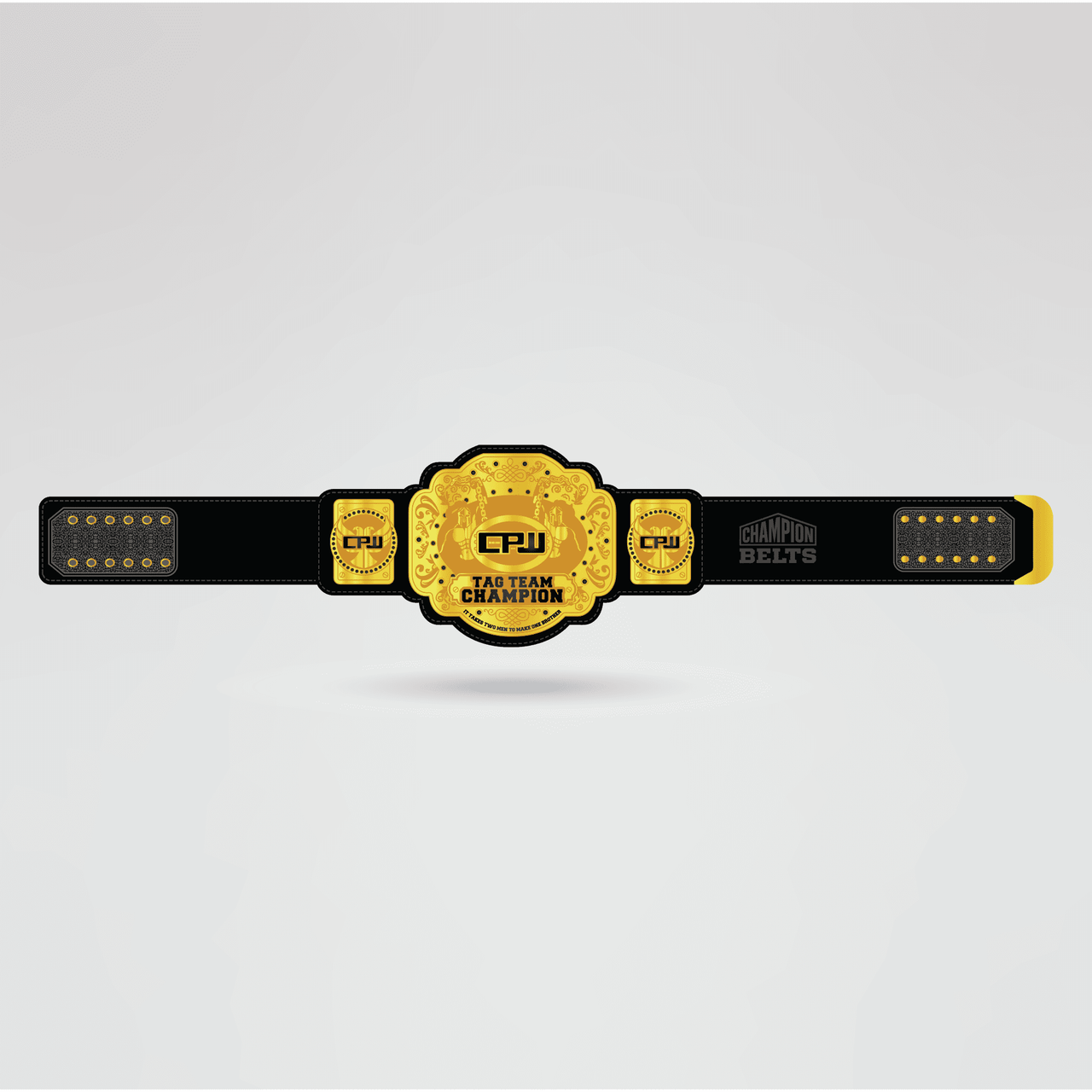 Custom CPW Tag Team Champion Belt - Championship BeltsTag TeamchampionbeltsshopChampionship BeltsStandard 2mm Thick PlatesCustom CPW Tag Team Champion Belt with golden center plate and black strap