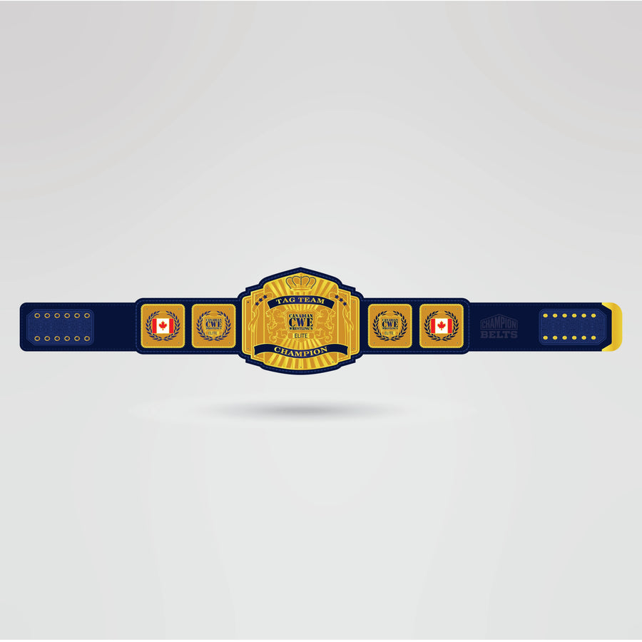 Custom CWE Tag Team Champion Belt - Championship BeltsCWEchampionbeltsshopChampionship BeltsStandard 2mm Thick PlatesCompleted design of the CWE Tag Team Champion Belt with custom logos and text.
