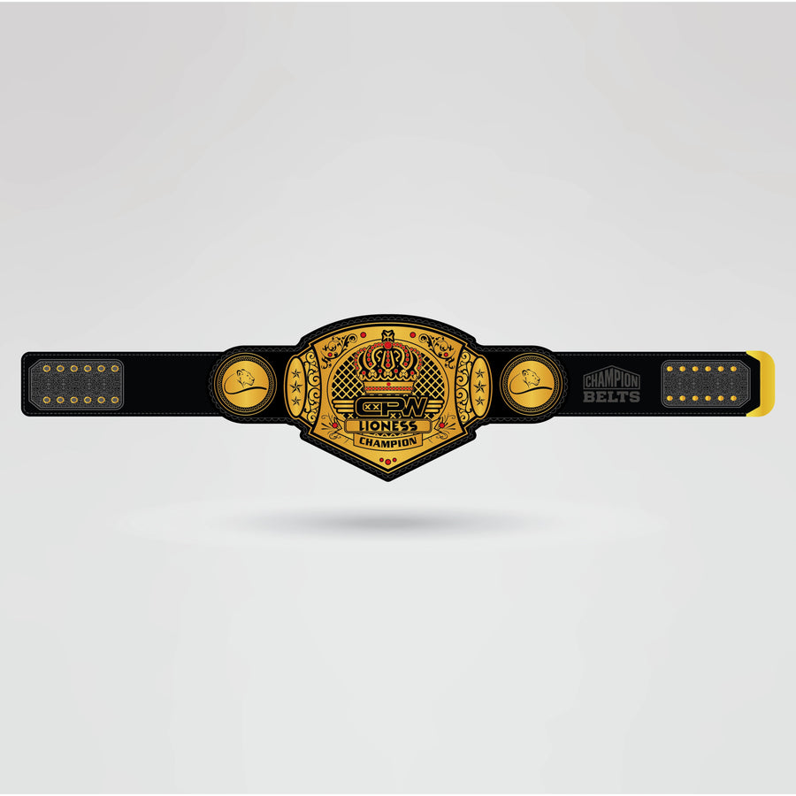 Custom CWR Lioness Champion Belt - Championship BeltsCWRchampionbeltsshopChampionship BeltsStandard 2mm Thick PlatesCustom CWR Lioness Champion Belt with golden center plate and black strap