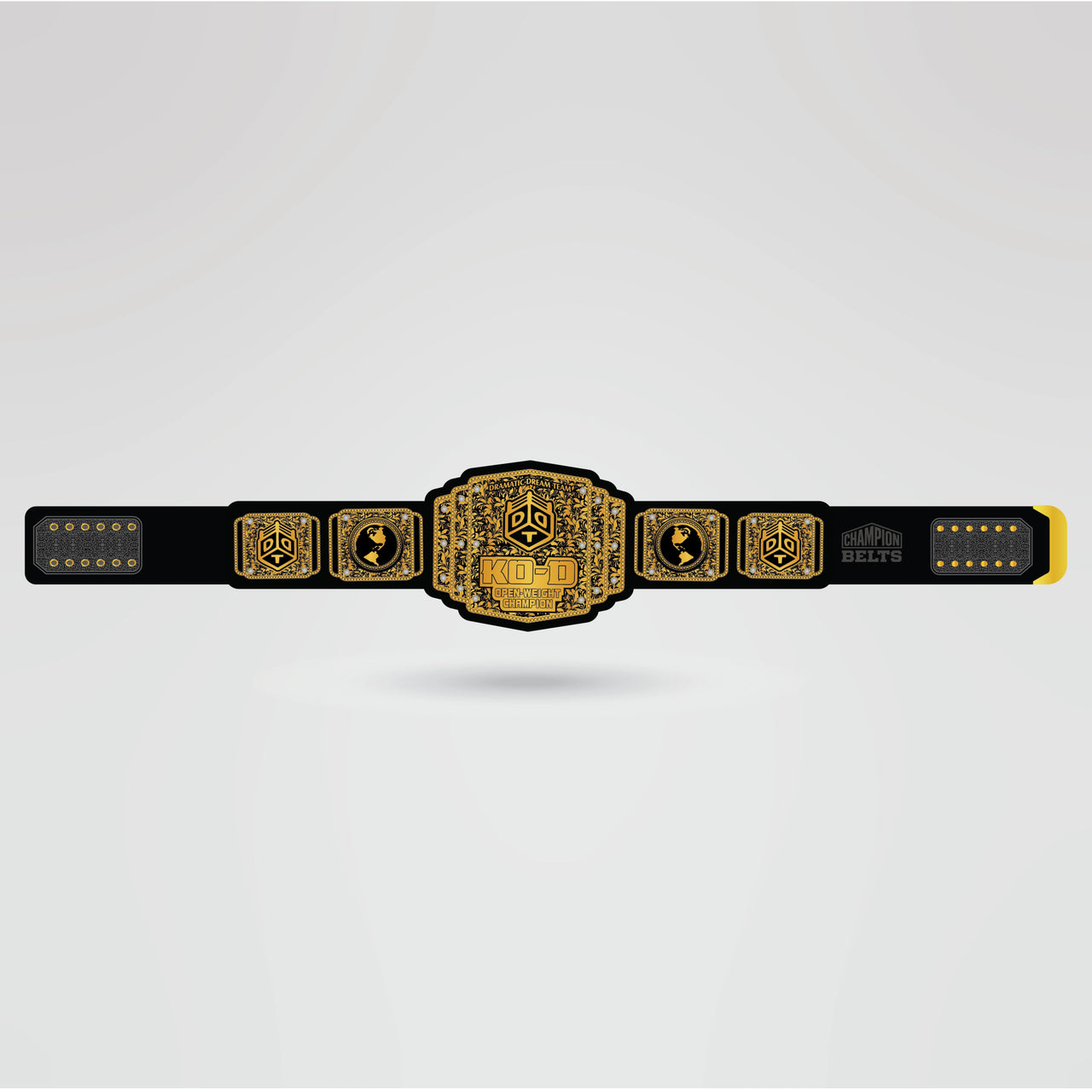 Custom KO - D Championship Belt – Fully Customizable Design - Championship BeltsKO - DchampionbeltsshopChampionship BeltsStandard 2mm Thick PlatesReal - life image of the custom KO - D Championship belt, showcasing the gold - toned finish and intricate design.