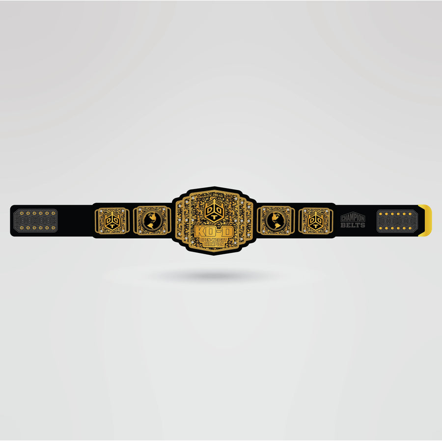 Custom KO - D Championship Belt – Fully Customizable Design - Championship BeltsKO - DchampionbeltsshopChampionship BeltsStandard 2mm Thick PlatesReal - life image of the custom KO - D Championship belt, showcasing the gold - toned finish and intricate design.
