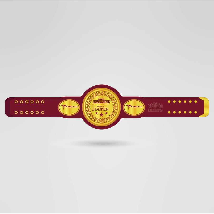 Custom Topstar Championship Belt - Championship BeltsTopstarchampionbeltsshopChampionship BeltsStandard 2mm Thick PlatesReal - life image of the customizable Topstar Championship belt, featuring the gold and maroon design.
