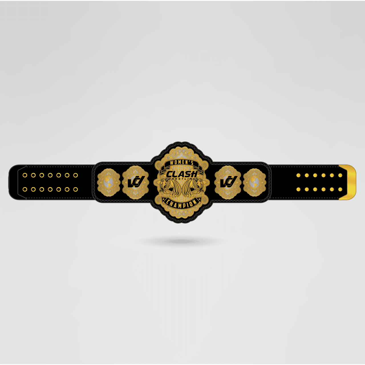 Custom Women’s Clash Champion Belt - Championship BeltsWomen’schampionbeltsshopChampionship BeltsStandard 2mm Thick PlatesCustom Women’s Clash Champion Belt with golden center plate and black strap