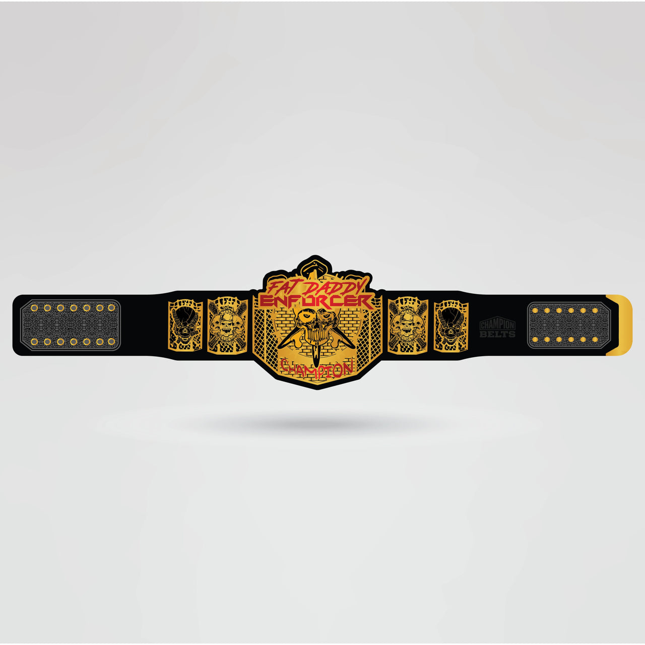 Fat Daddy Enforcer Championship Belt - Championship BeltsFat Daddy EnforcerchampionbeltsshopChampionship BeltsStandard 2mm Thick PlatesReal - life image of the Fat Daddy Enforcer Championship belt, showcasing the vibrant gold and black design.
