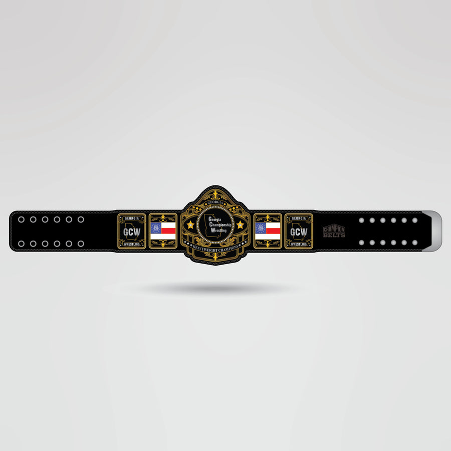 Georgia Championship Wrestling Belt - Championship BeltsGeorgiachampionbeltsshopChampionship BeltsStandard 2mm Thick PlatesReal - life image of the Georgia Championship Wrestling belt, showcasing the bold gold and black design.