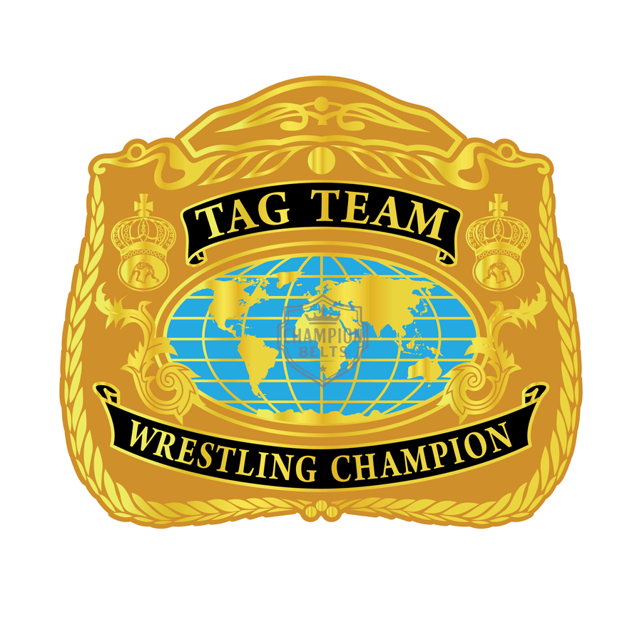 Tag Team Wrestling Champion Belt Plate – Global Gold Edition - Championship BeltschampionbeltsshopChampionship BeltsStandard - 2mm Thick Brass PaltesTag Team Wrestling Champion Belt Plate – Global Gold Edition